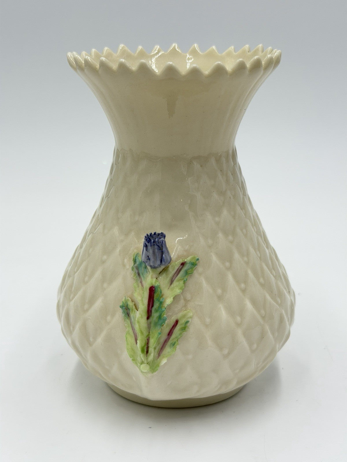 Vintage Belleek Irish Pottery 7th Gold Brown Stamp porcelain thistle vase 5.5” I
