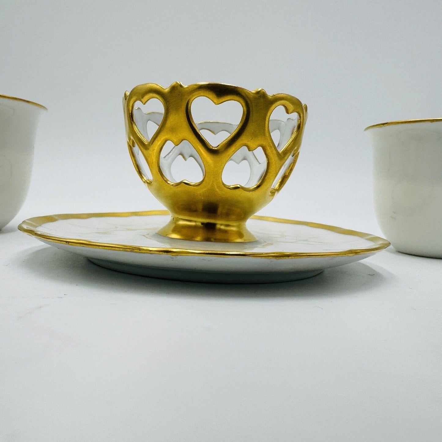 French Porcelain Gold Trim Egg Cups 3 Pieces Unmarked Rare Antique Serveware