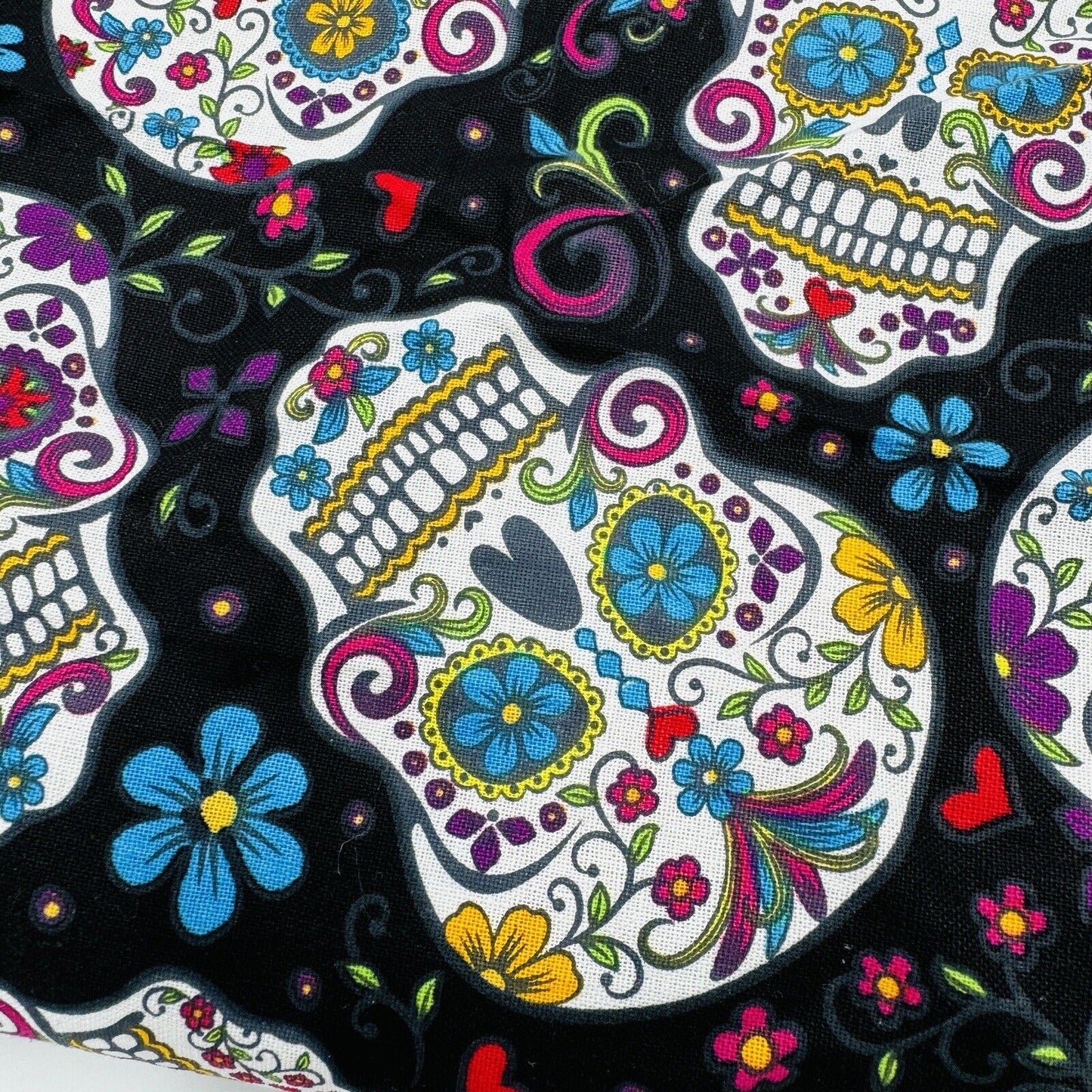 David Textiles Fabric Day of the Dead Skulls Black Colorful Floral 5.25 Yards L