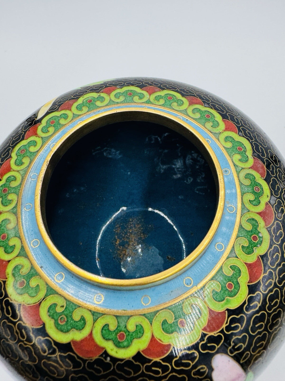 Vintage Cloisonne Brass Enameled Ginger Jar Floral Butterfly Inlay Design 7in