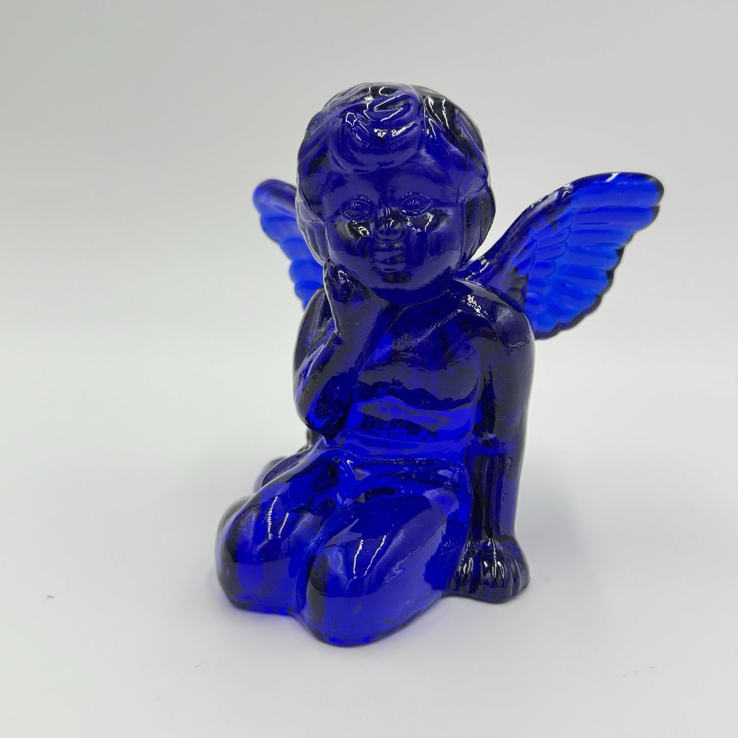 Vintage Art Glass Cherub Blue Cobalt Sitting Angel Candle Holder 5”