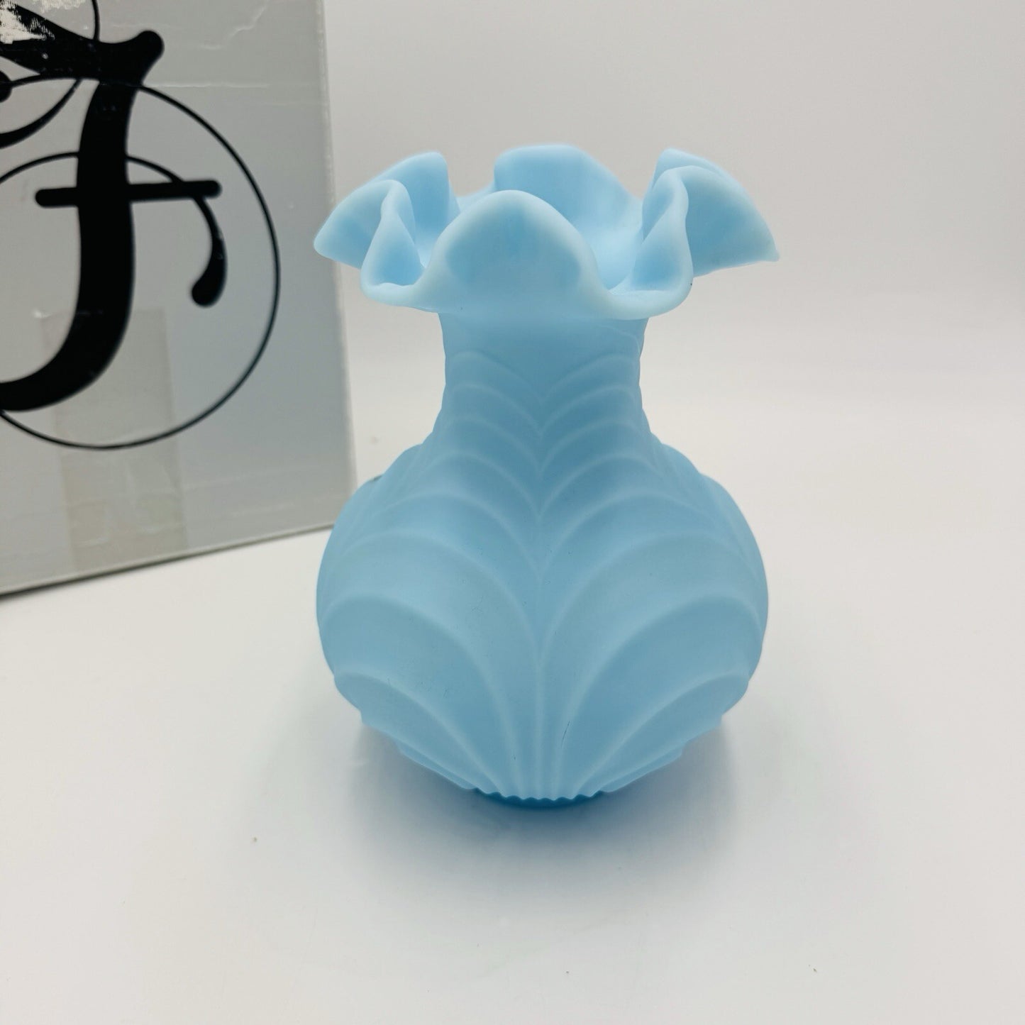 Fenton Draped Blue Satin Glass Vase Vintage Art Glass Ruffled Edge Drapery 8in