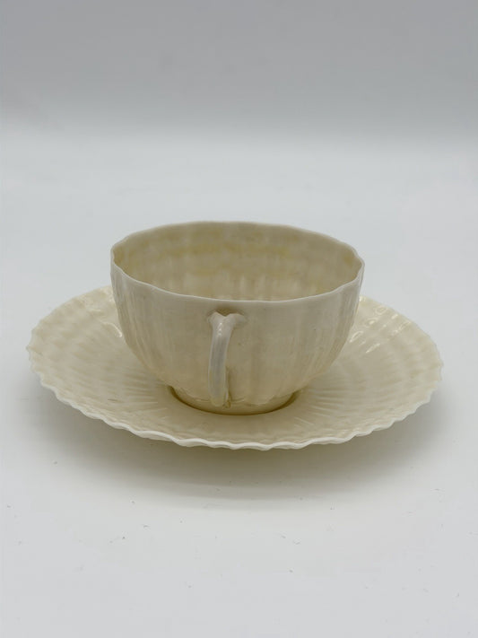 Belleek Ireland Porcelain Tridacna Shell Pattern Tea Cup & Saucer Set Vintage