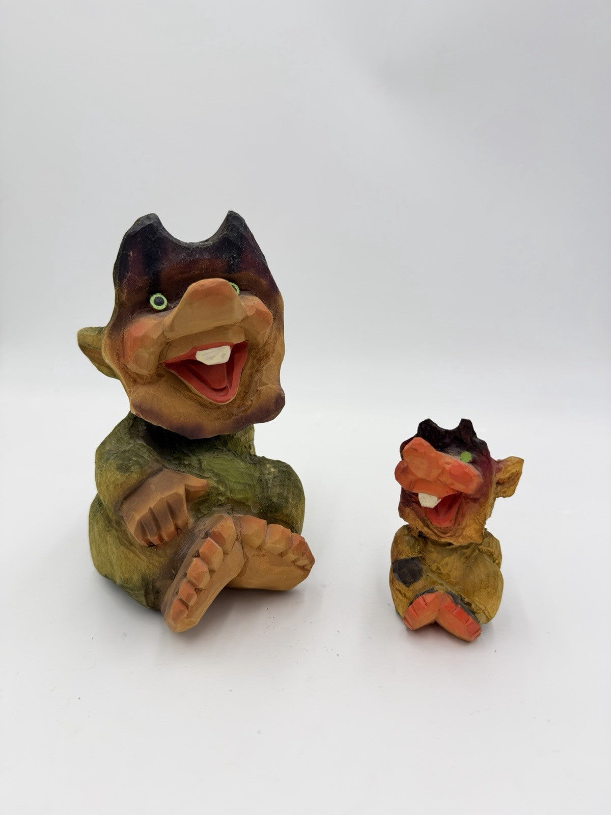 Henning Hand Carved Norwegian Troll Authentic Wooden Folk Art Figurine 6.5” Set