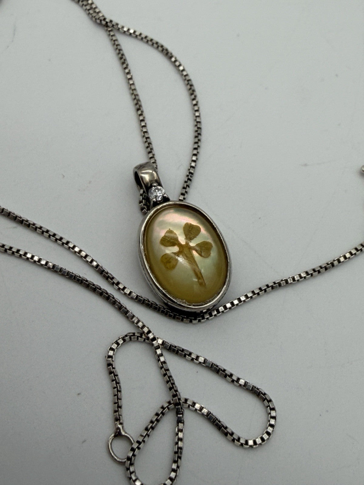 sterling silver four leaf clover pendant necklace Vintage Irish Oval 18”