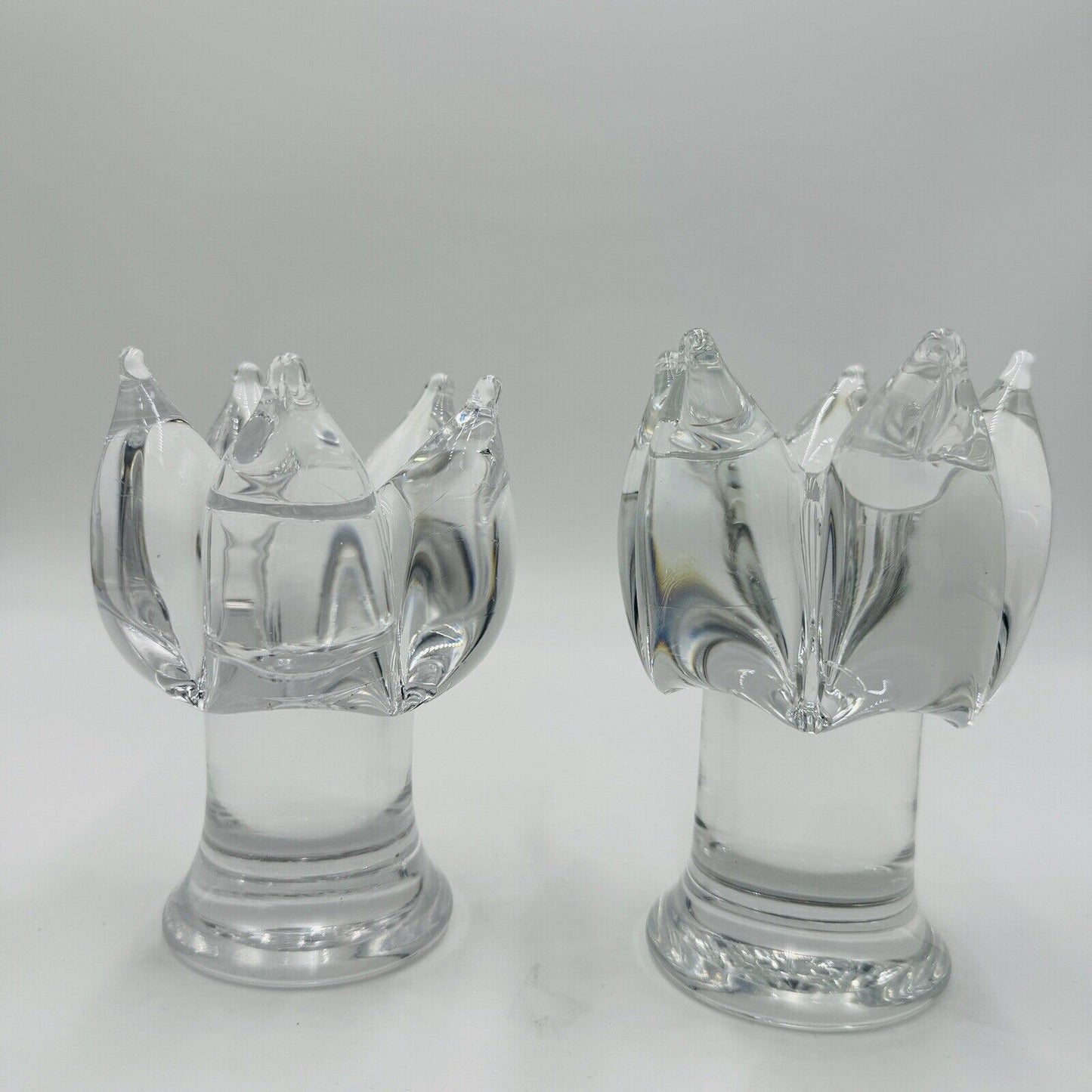 2 Kosta Boda Goran Warff Clear Glass Candlestick Holders 5.25in Signed Vintage
