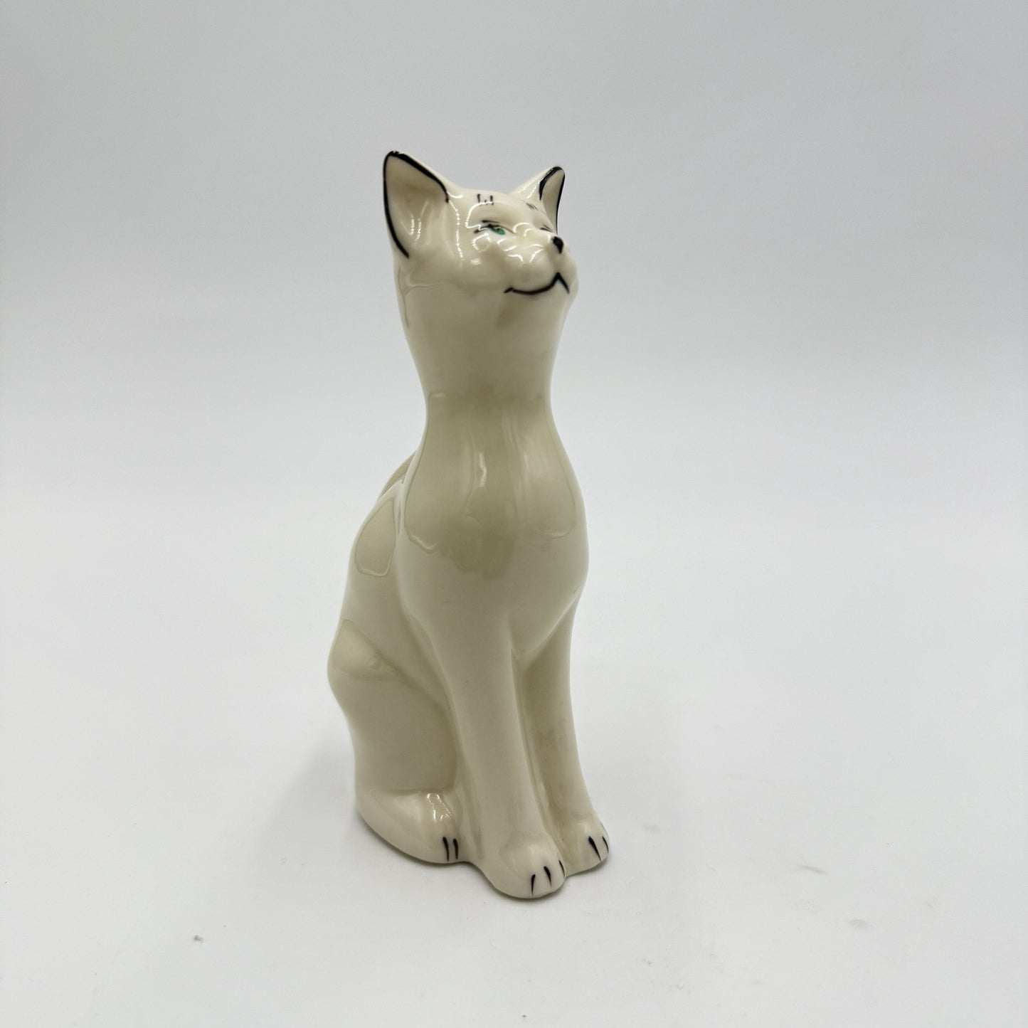 Vtg 5” Belleek Irish Porcelain Beige Cat Green Eyes Figurine Blue Marking 8th