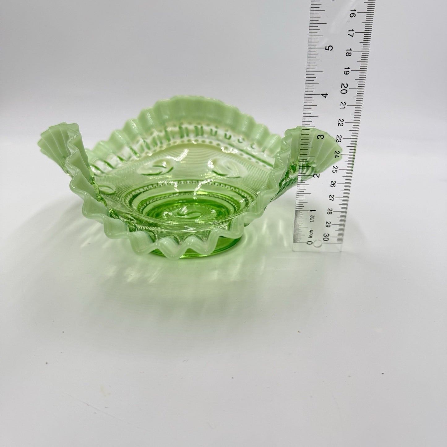 Vintage 1905 Jefferson Art Glass Astro Green Opalescent Art Bowl Ruffled Rim 8"