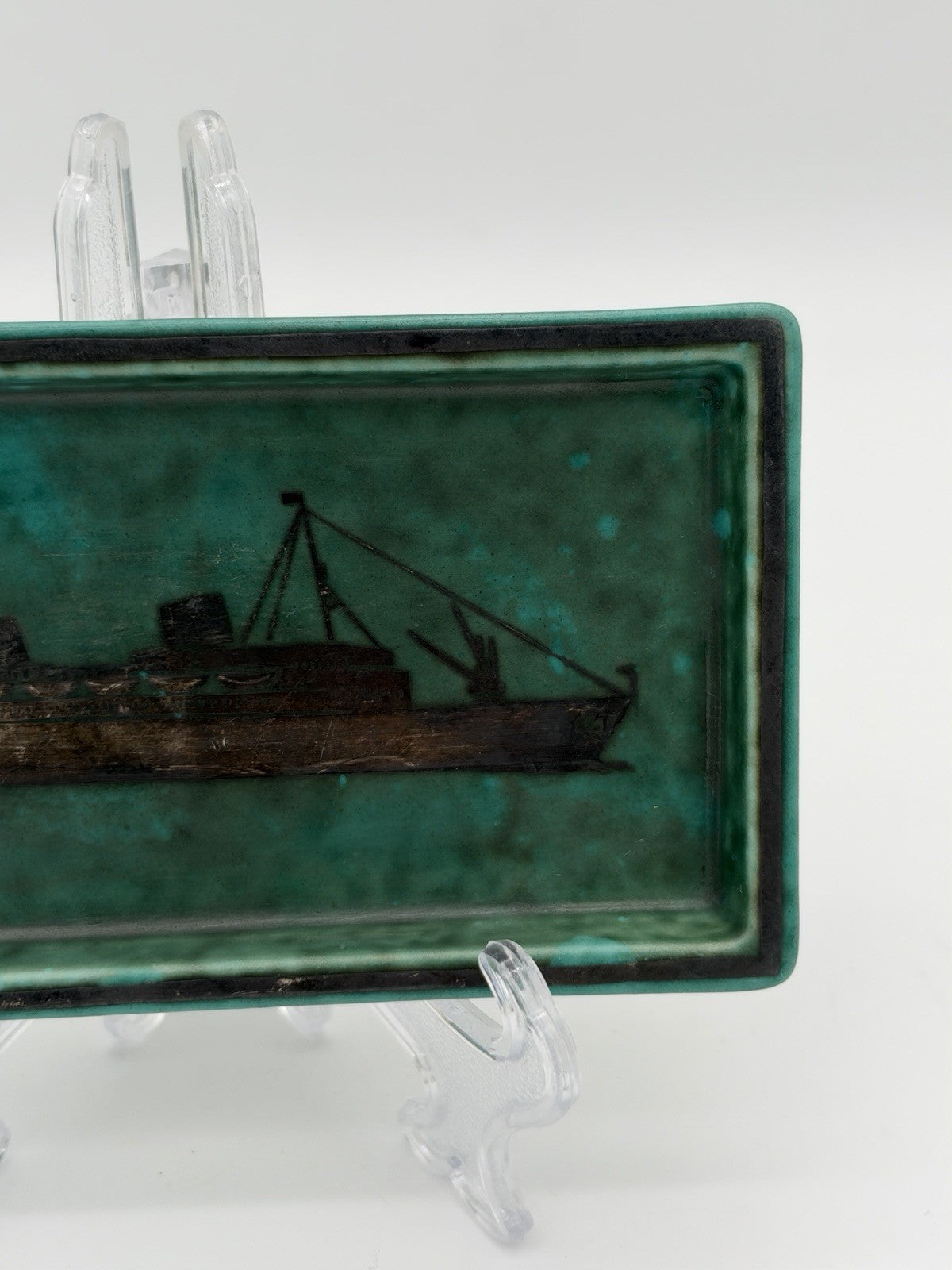 Gustavsberg Sweden Teal Argenta Trinket Dish boat 1940s Wilhelm Kåge