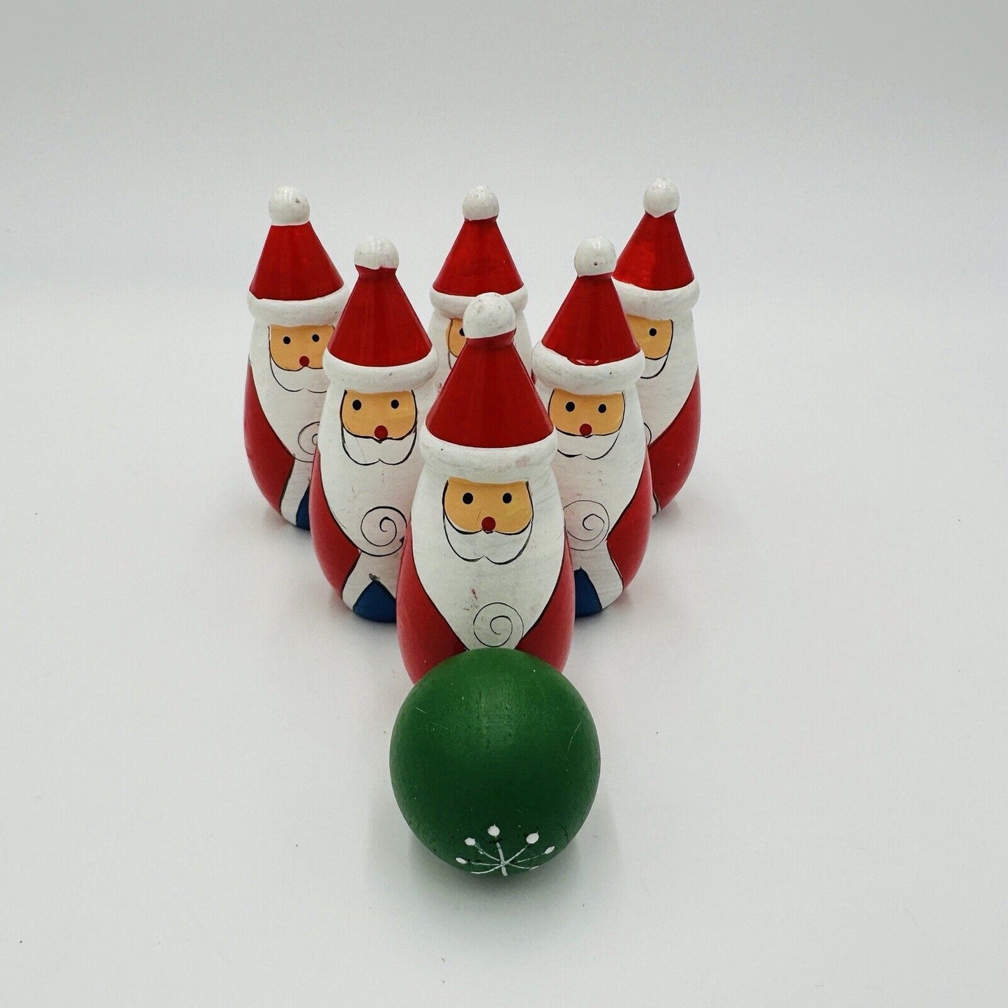 Bowling Pins Ball Santa Claus Wooden Christmas Decor Vintage Hand Painted Set