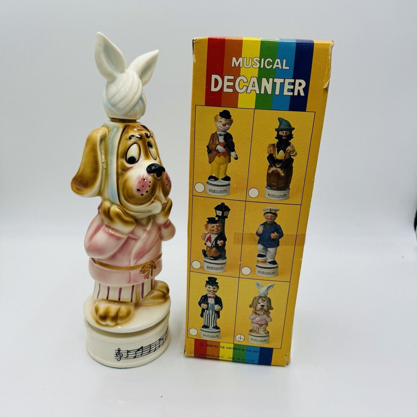 VINTAGE Musical Decanter Sad Hound Dog WORKS Ice Bag Cork Topper NIB 13"