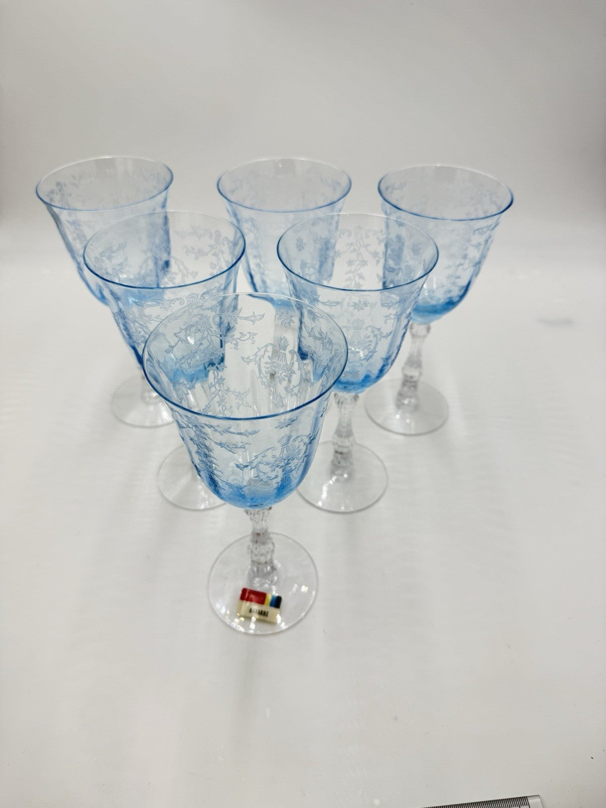 Fostoria Navarre Blue Art Glass Water Goblets Vintage Etched Floral 7.5” Set 6