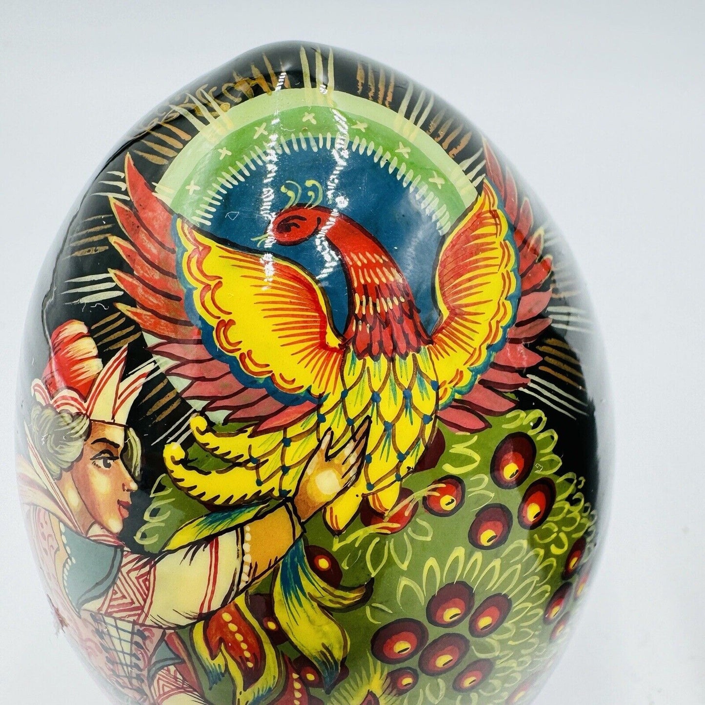 Mockba Hand Painted Easter Egg Wooden Folk Art 4.5in Signed Vintage