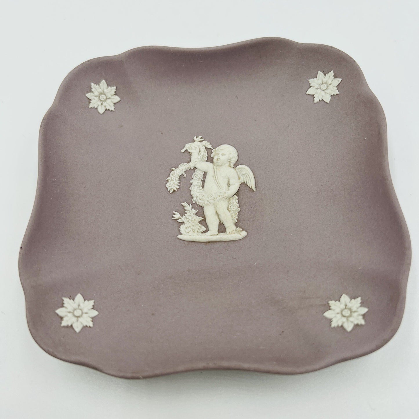 Wedgwood Dish Lilac and White Jasperware Fluted Square Four Seasons Cupid