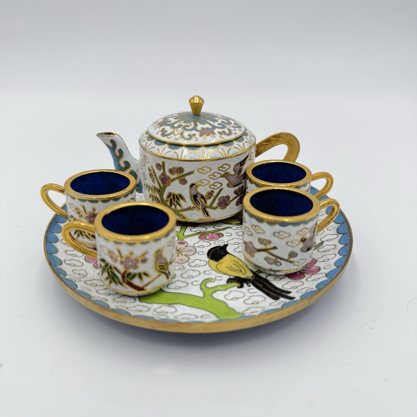 Vtg Cloisonné Enamel Chinese Bird Pattern Miniature Tea Set Dollhouse 6 PCs
