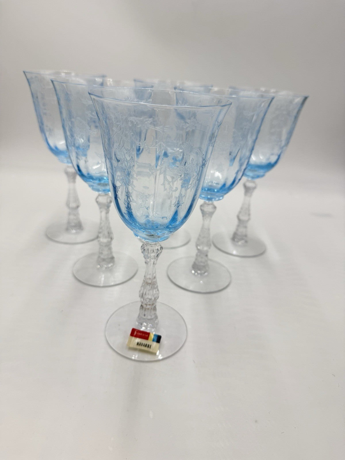 Fostoria Navarre Blue Art Glass Water Goblets Vintage Etched Floral 7.5” Set 6