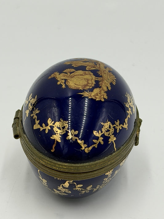 Limoges France Cobalt Blue Gold Courting Couple Porcelain Egg Trinket Box