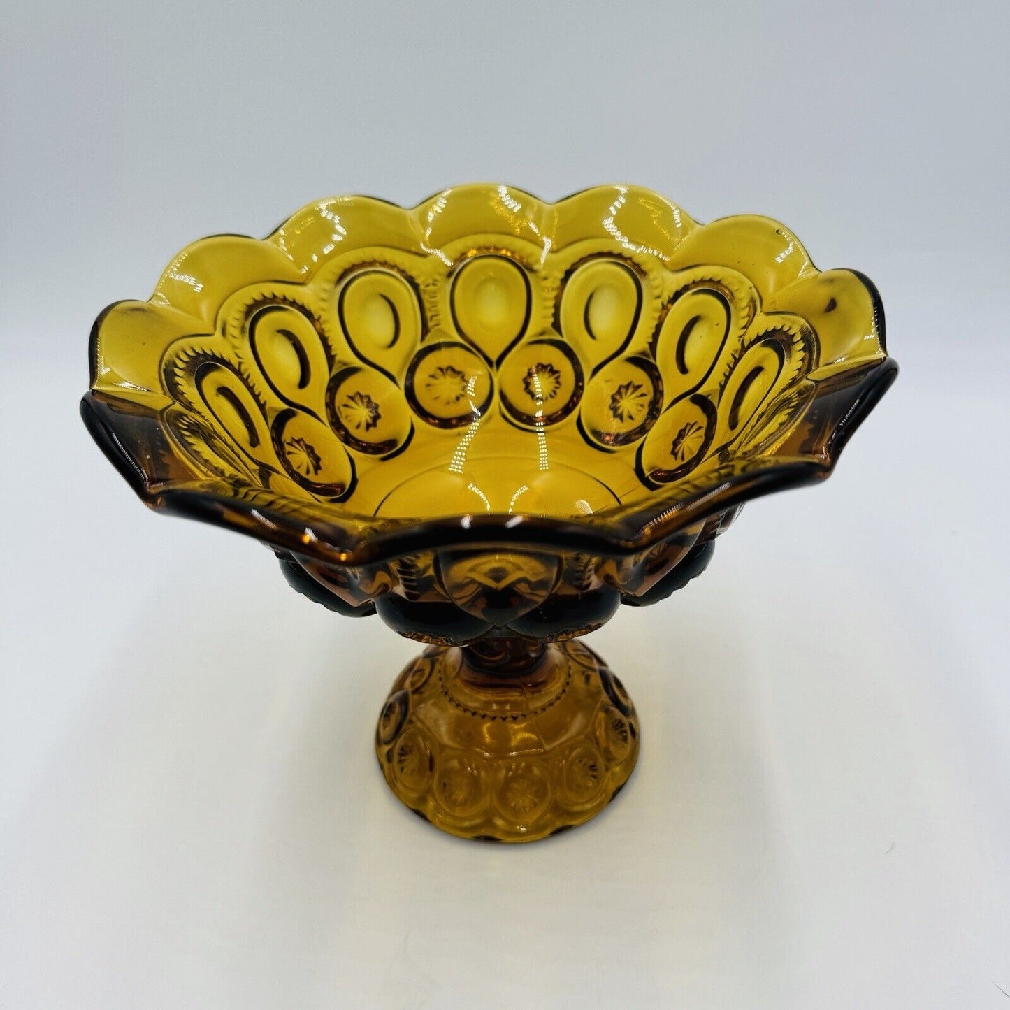 L.E. Smith Moon & Stars Amber Art Glass Pedestal Candy Bowl Dish 7in x 8in