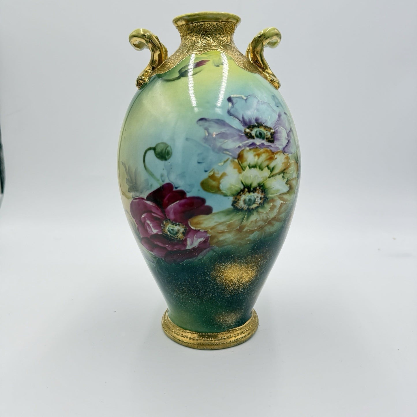 Antique Morimura Bros Nippon Poppy Gold Bead Hand Painted 10” Porcelain Vase Urn