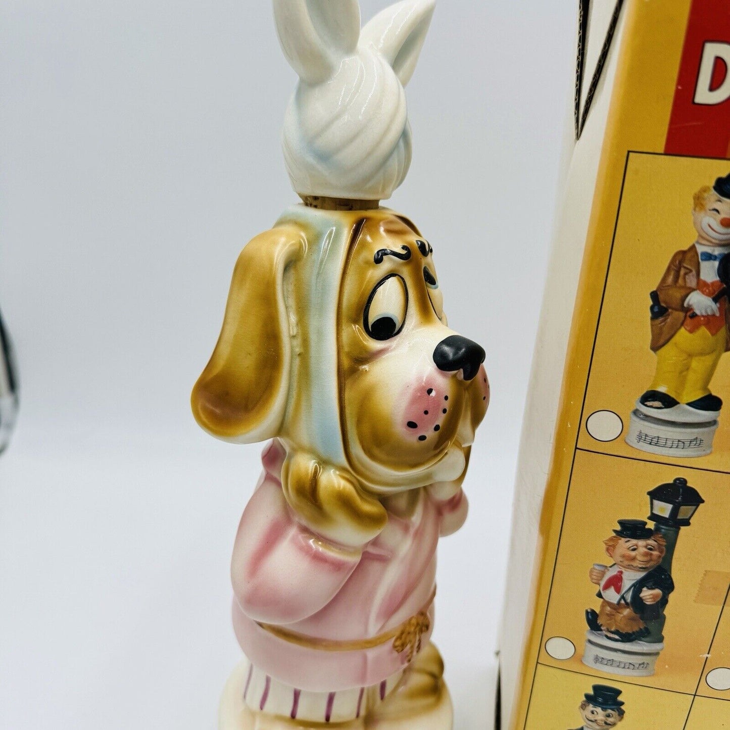 VINTAGE Musical Decanter Sad Hound Dog WORKS Ice Bag Cork Topper NIB 13"