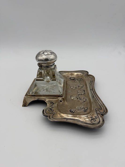 Antique Brass Art Nouveau Writing Desk w/ Cut Glass Inkwell Embossed Shamrock