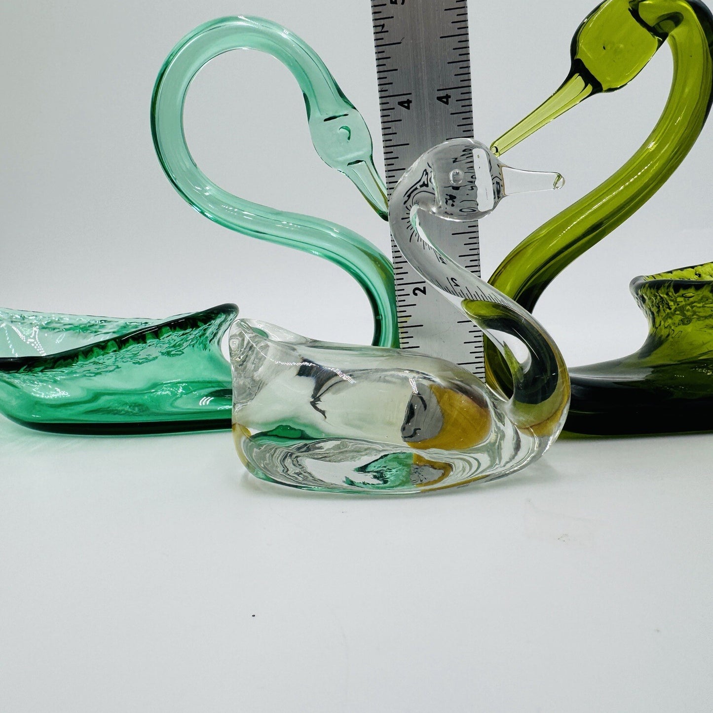 Viking Swan Figurines Art Glass Green Avocado Clear Vintage MCM Set 3 Pieces