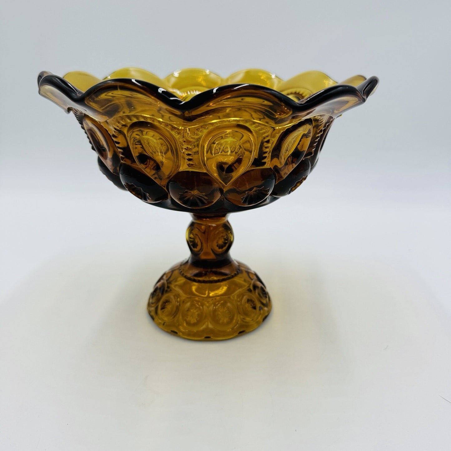 L.E. Smith Moon & Stars Amber Art Glass Pedestal Candy Bowl Dish 7in x 8in
