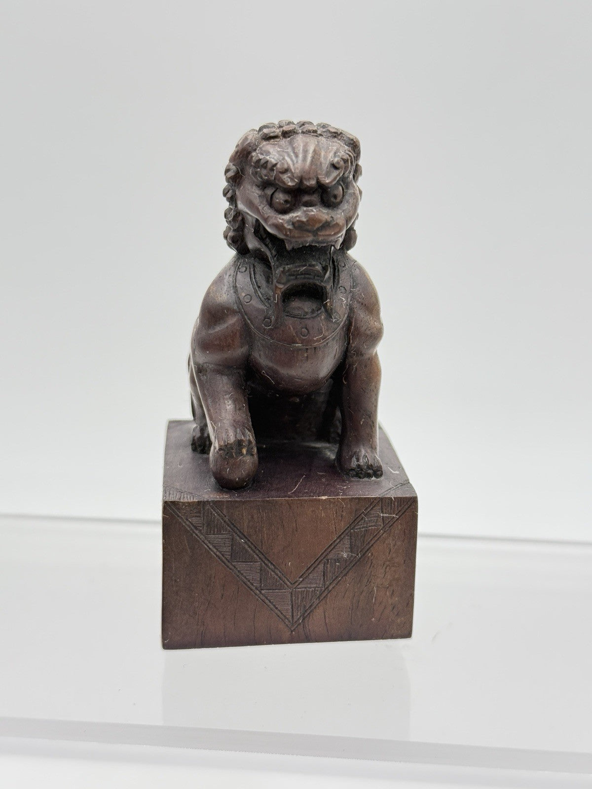 Vintage Foo Lion Chinese Hand Carved Wooden Figurine Solid 3.5”