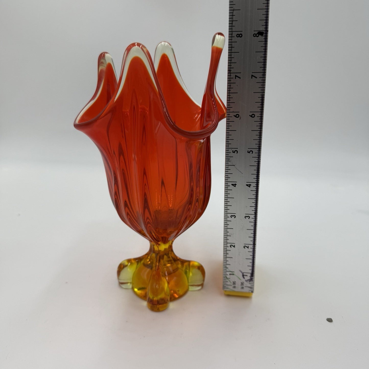 Viking art Glass EPIC Four Square Footed Swung Vase Persimmon Cadmium UV Glow