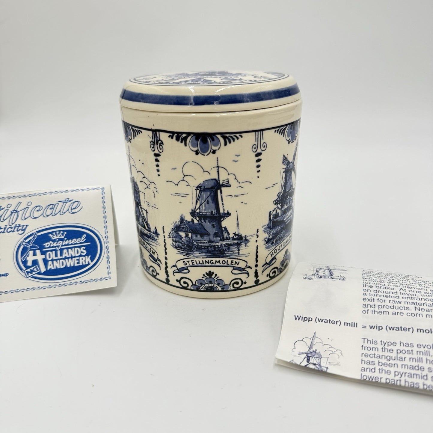 Vintage Delft Blue Windmill Storage Canister Hand Painted Dutch COA Paperwork