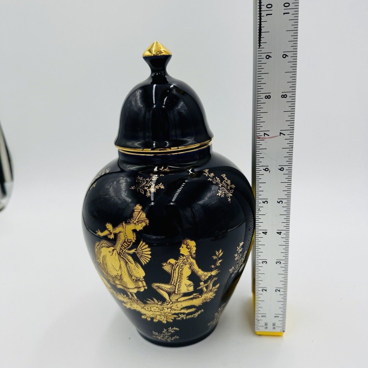 Limoges France Cobalt Blue Urn W/ Lid courting couple porcelain 9.5” Gold Trim