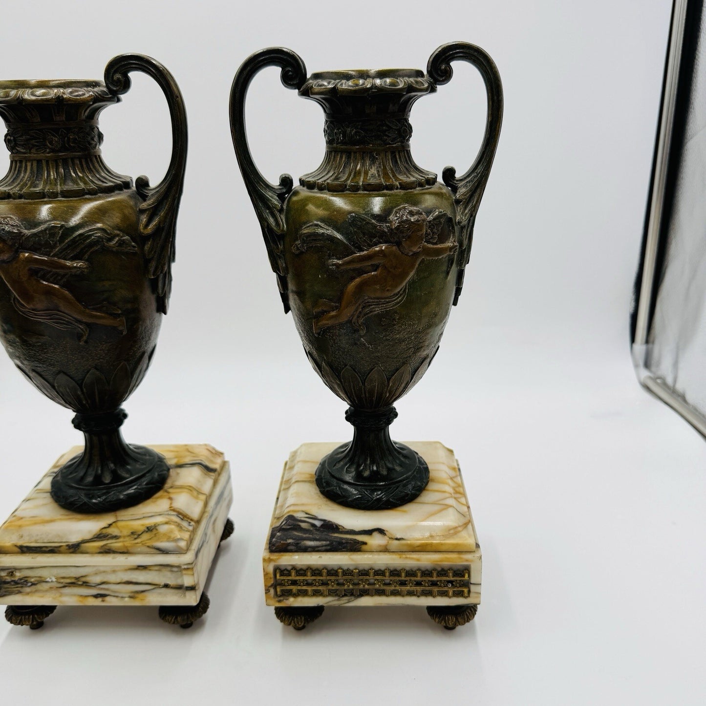 French metal vases rare 1800s Chateau ornate chimney cherubs marble base 13.5in