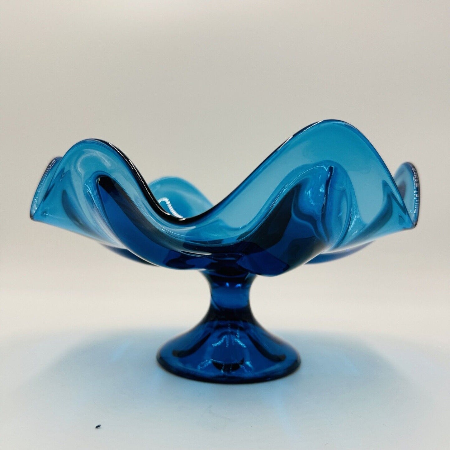 Viking Art Glass Teal Aqua Blue Pedestal Dish Compote Bowl Vintage Mid Century