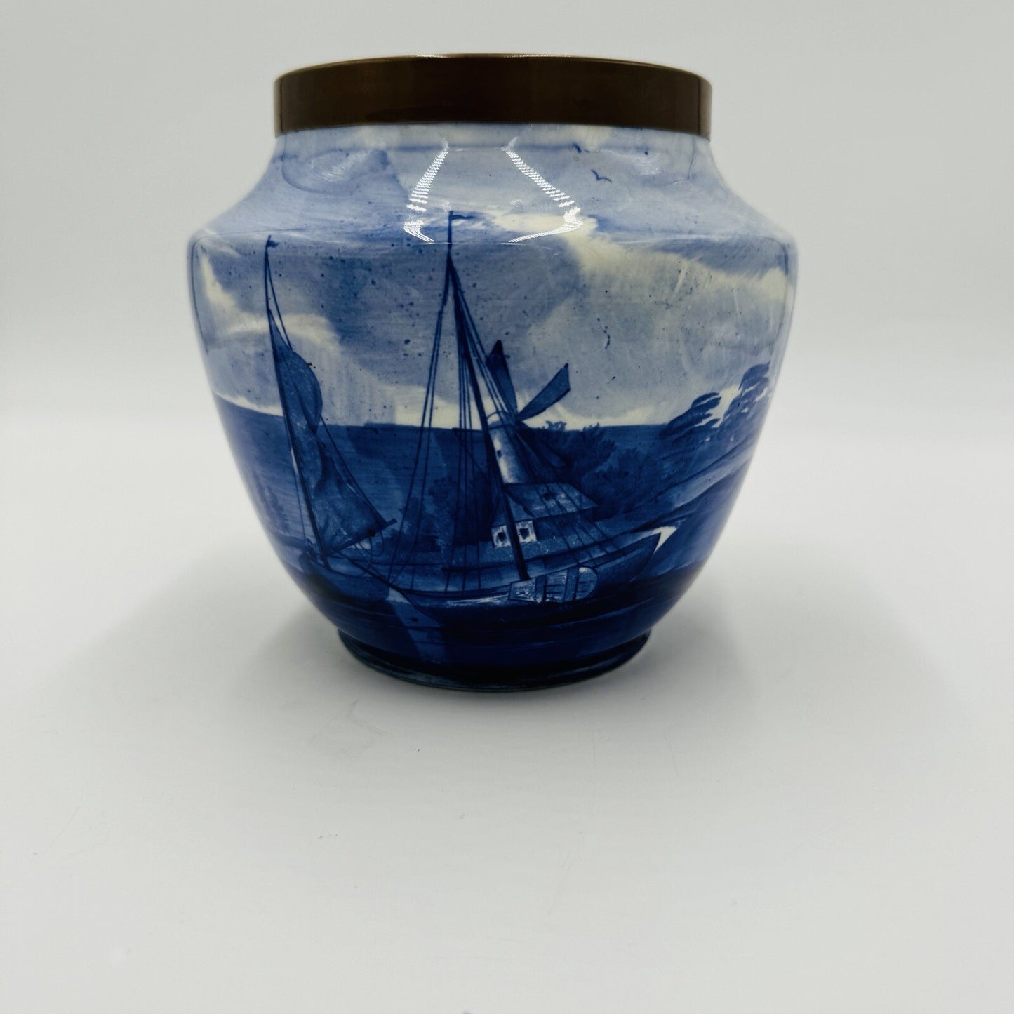 Rare Delft White & Blue Pottery Dutch Bronze Rim Nautical Antique Unmarked 6in H