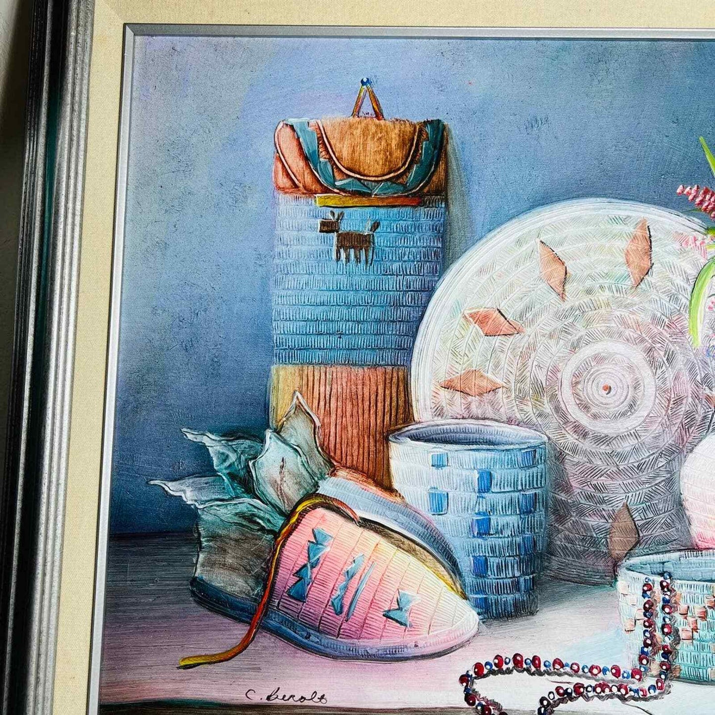 Original Painting C. Benolt Art Native American Still Oil Canvas Signed Framed