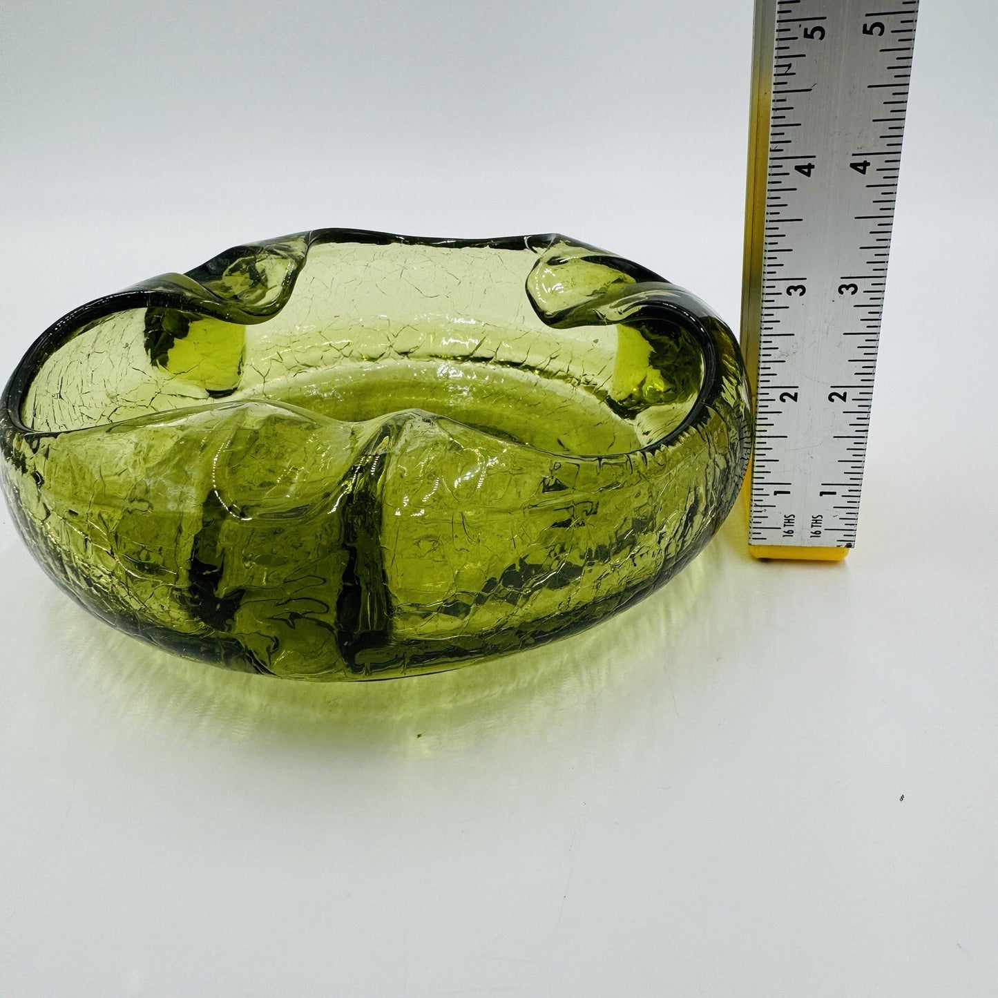 Viking Art Glass Cigar Ashtray Green Crackle MCM Vintage 7in