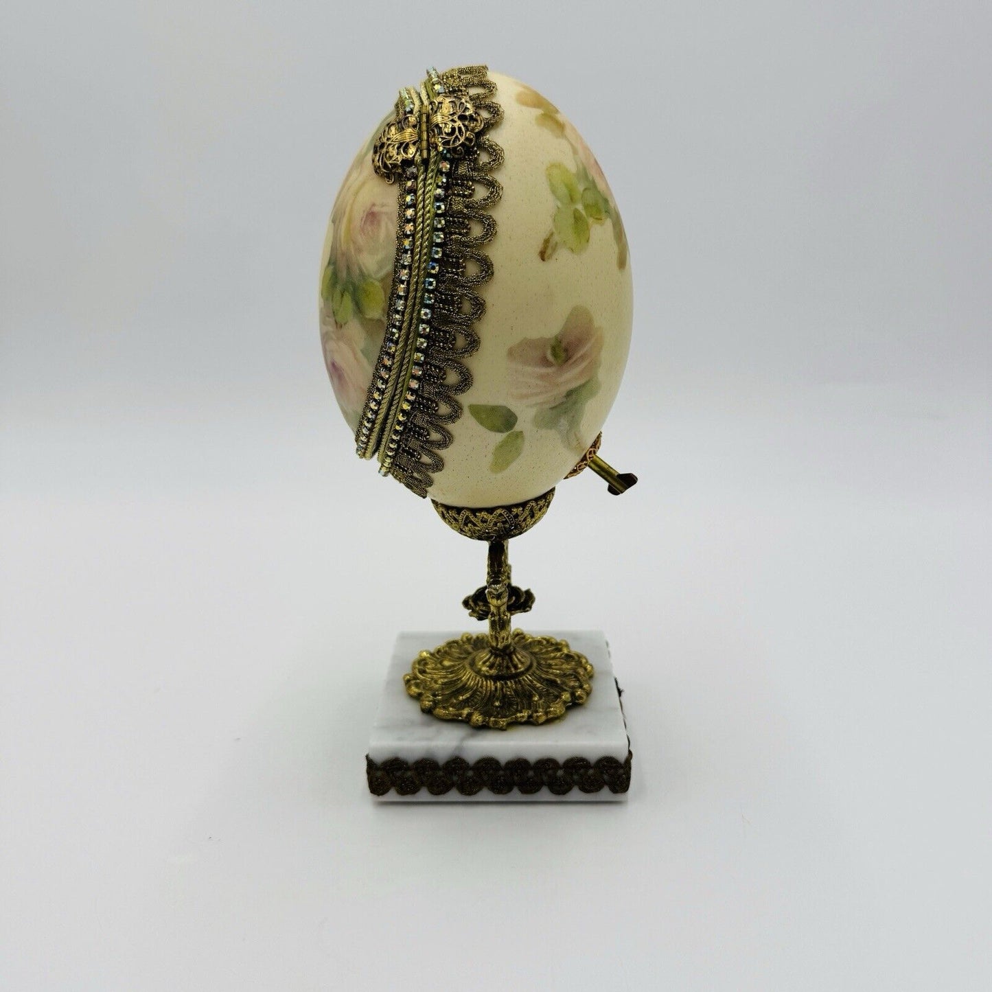 Vintage Ostrich Egg Ornate Hand Decorated Brass & Marble Base Green Velvet Lined