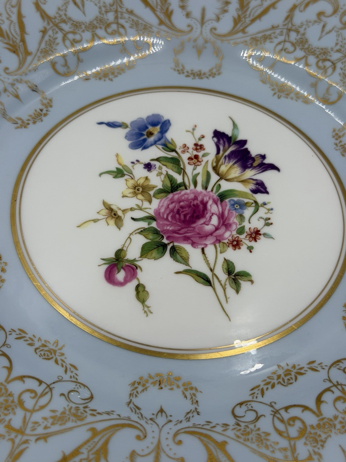 Royal Worcester England Embellished Floral Light Blue Gold Trim Dinner 10” Plate