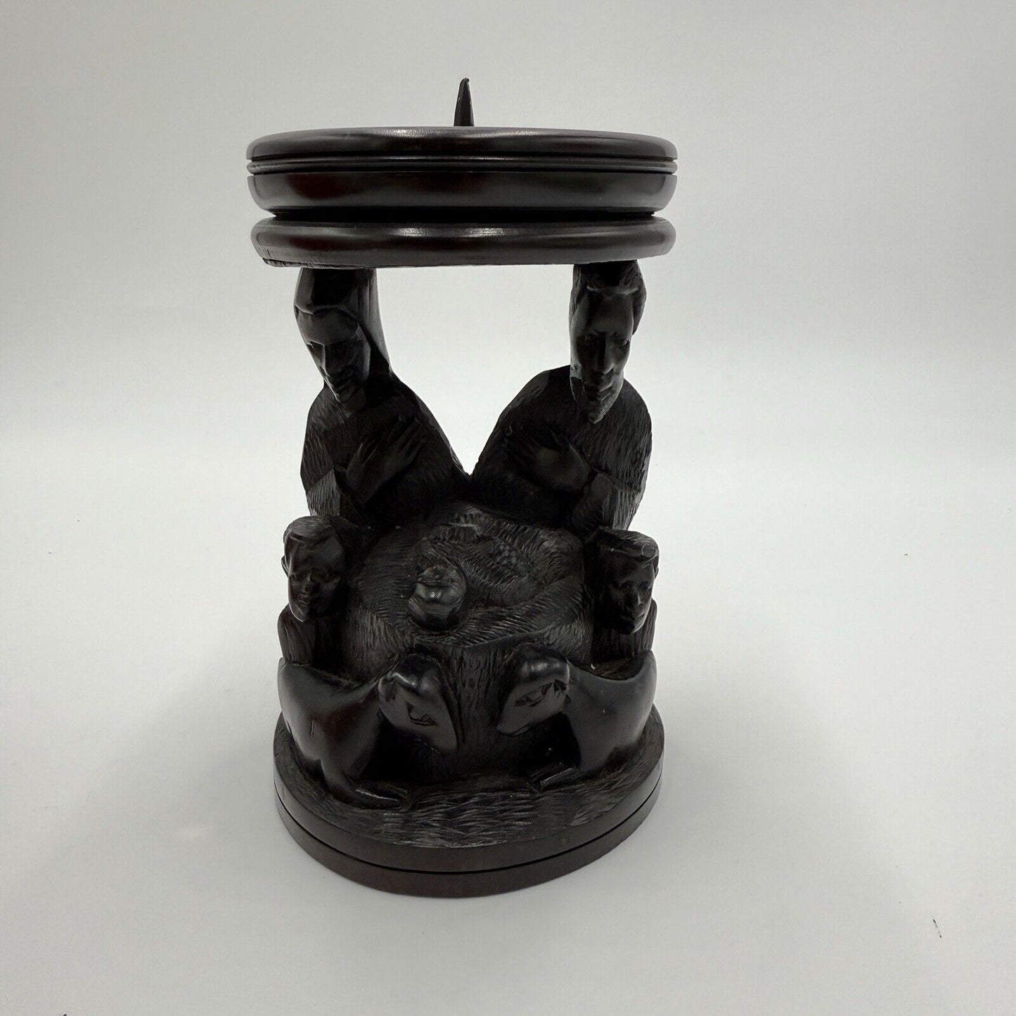 Vintage hand Carved Ebony Wood Nativity Candle Holder Solid Folk Art 6.5”