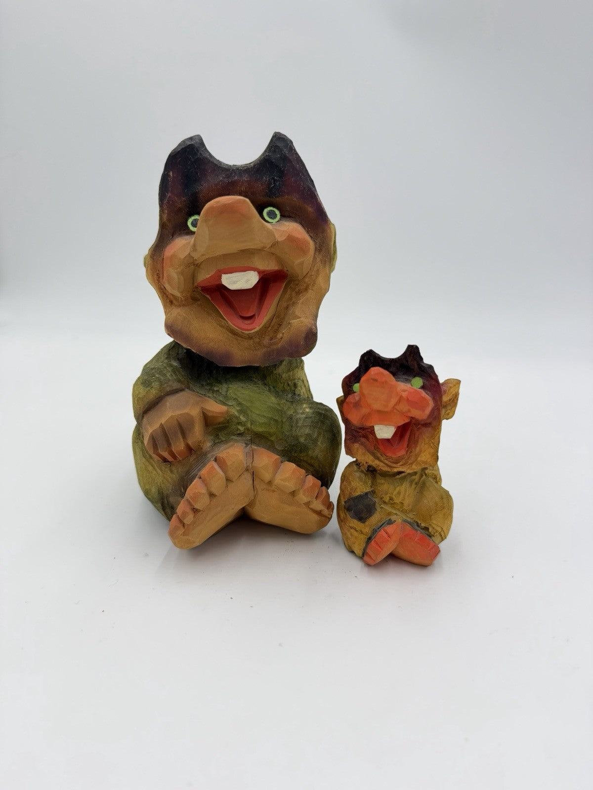 Henning Hand Carved Norwegian Troll Authentic Wooden Folk Art Figurine 6.5” Set
