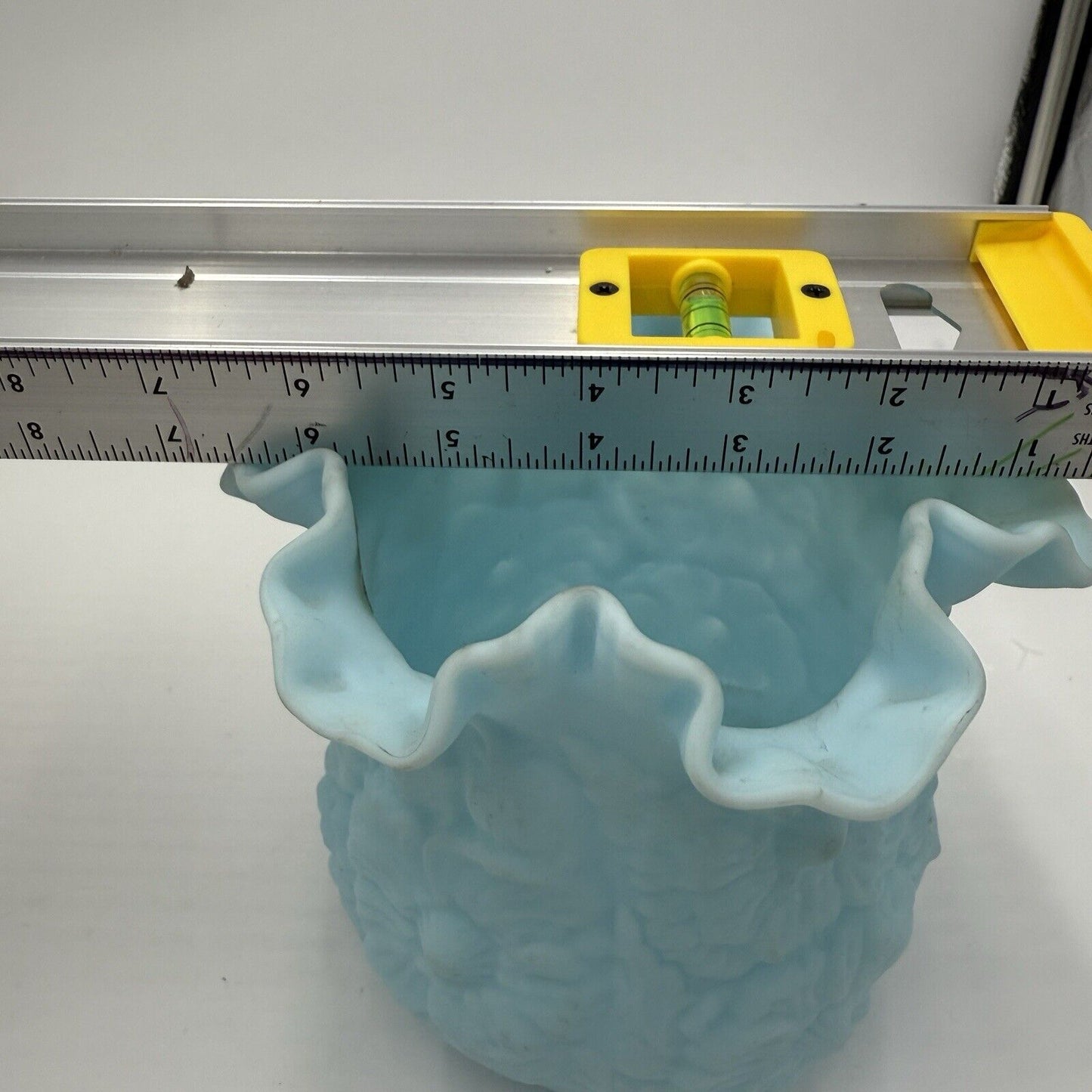 Vtg Fenton Blue Satin Glass Vase Ruffled Edge Poppy/Daisy Large 6" H x 6 1/2" W