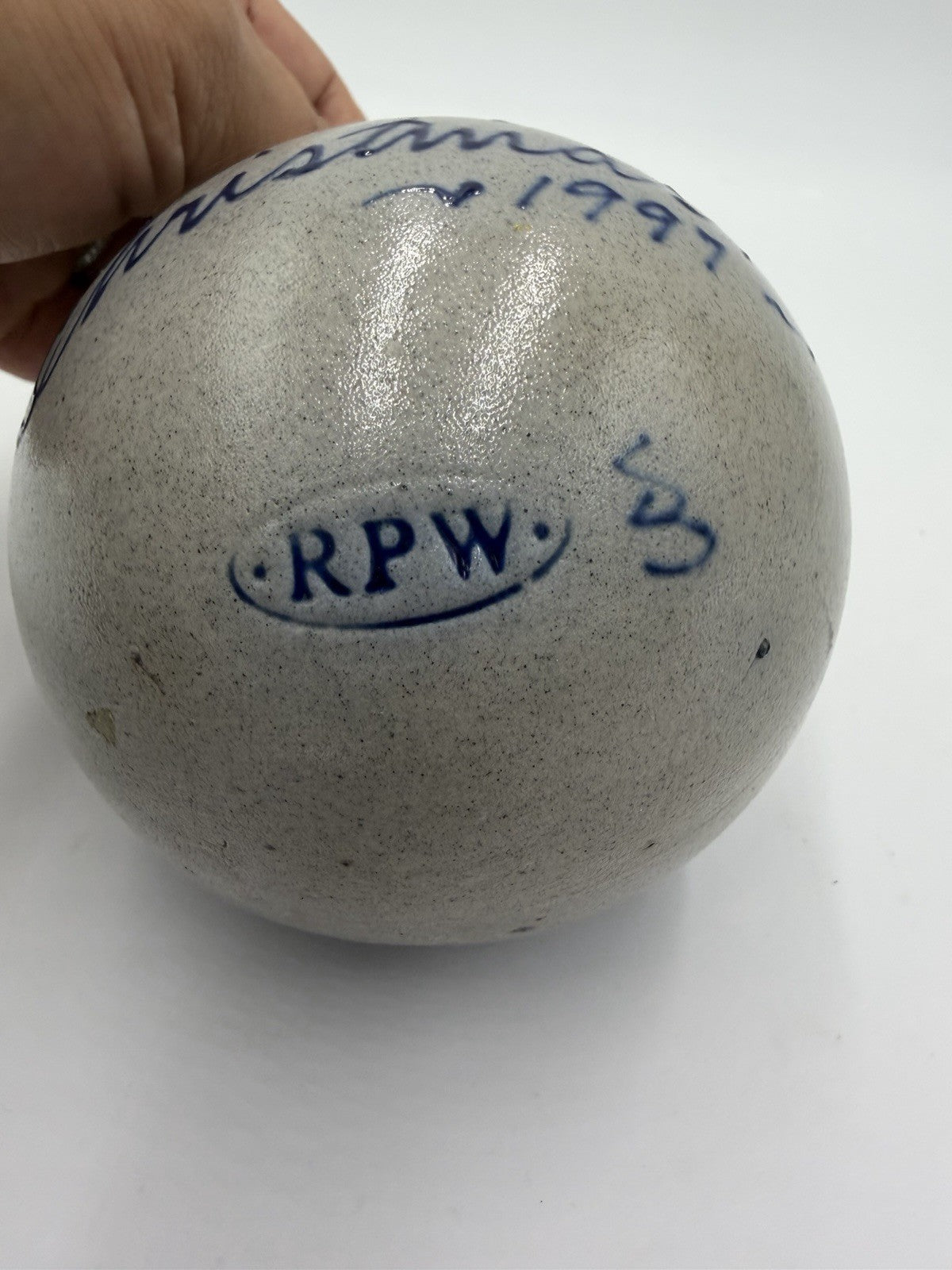 Rowe Pottery Works Ornament 1997 Salt Glaze Father Christmas Santa Ball Blue Vtg