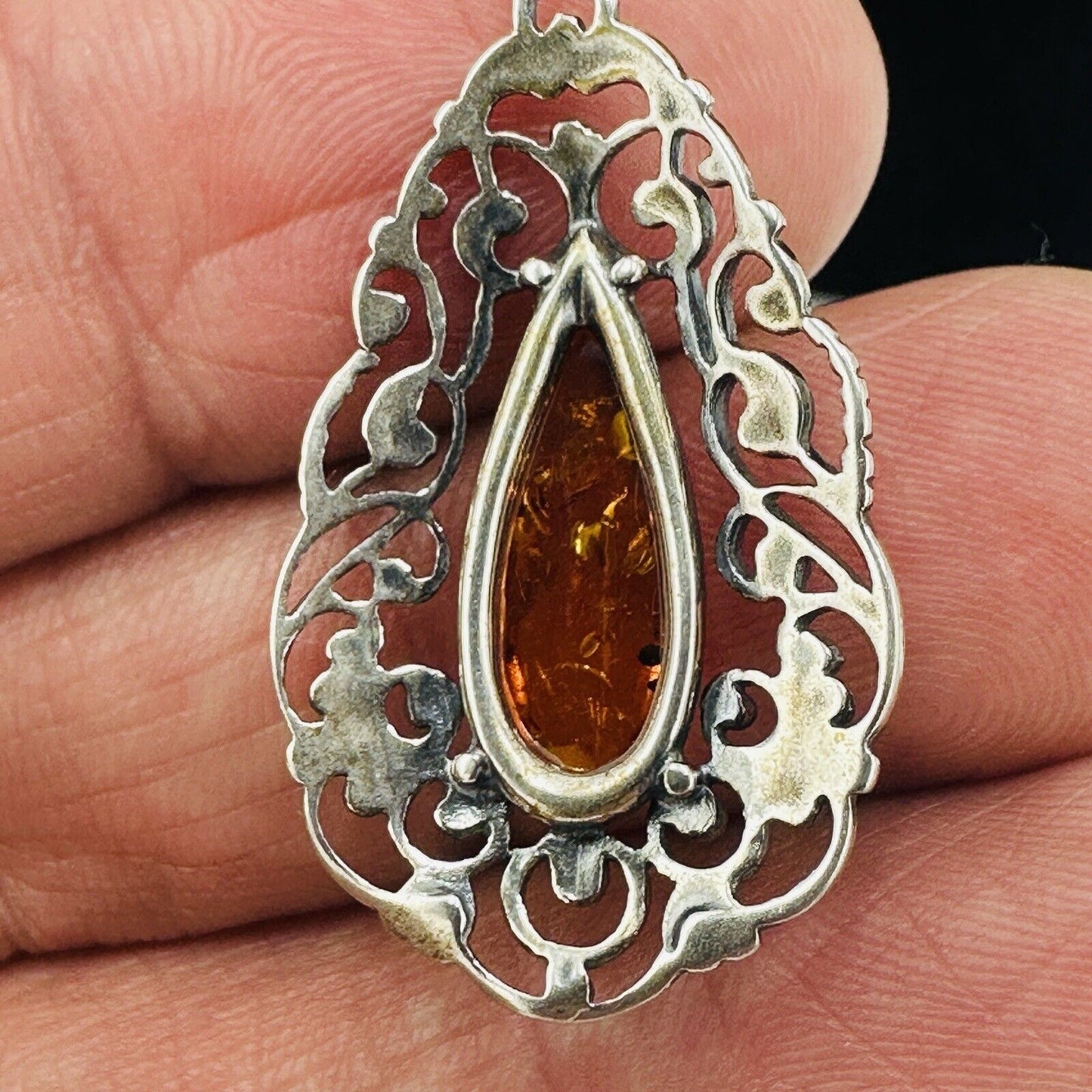 Baltic Women Jewelry Necklace Pendant Earrings Set Amber Sterling Silver Vintage
