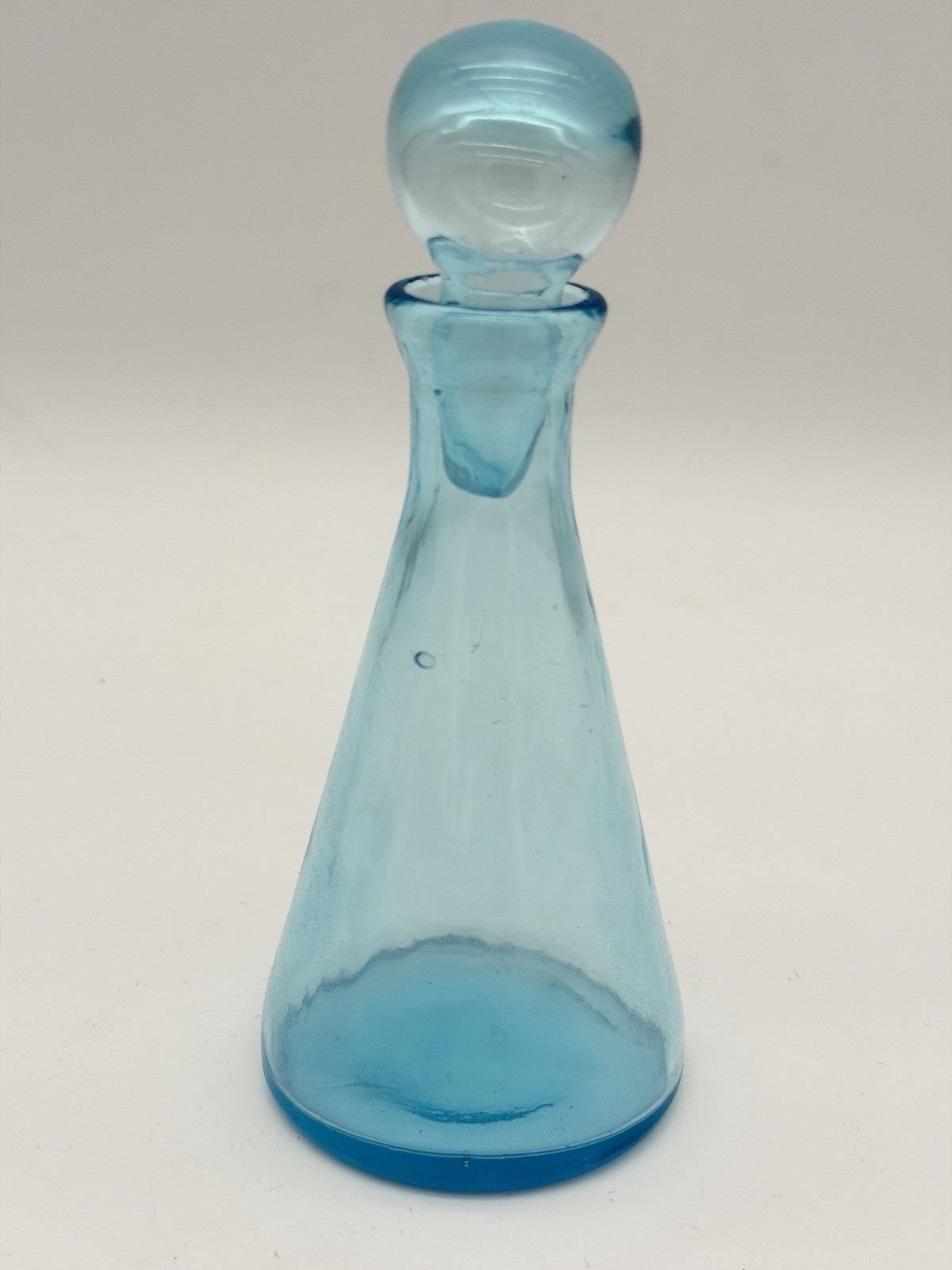 MCM Teal Blue Art Glass Decanter w/Stopper Hand Blown Genie Bottle 6”