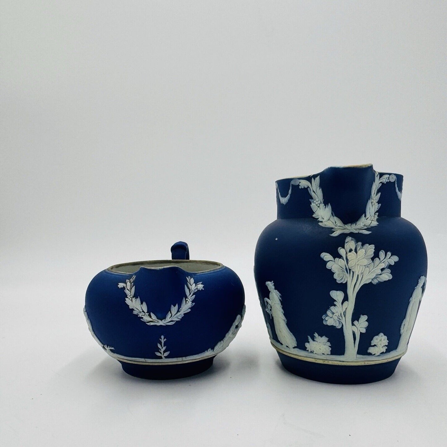 Antique Wedgwood Dipped Blue Pitchers England Jug Creamer Embossed Small