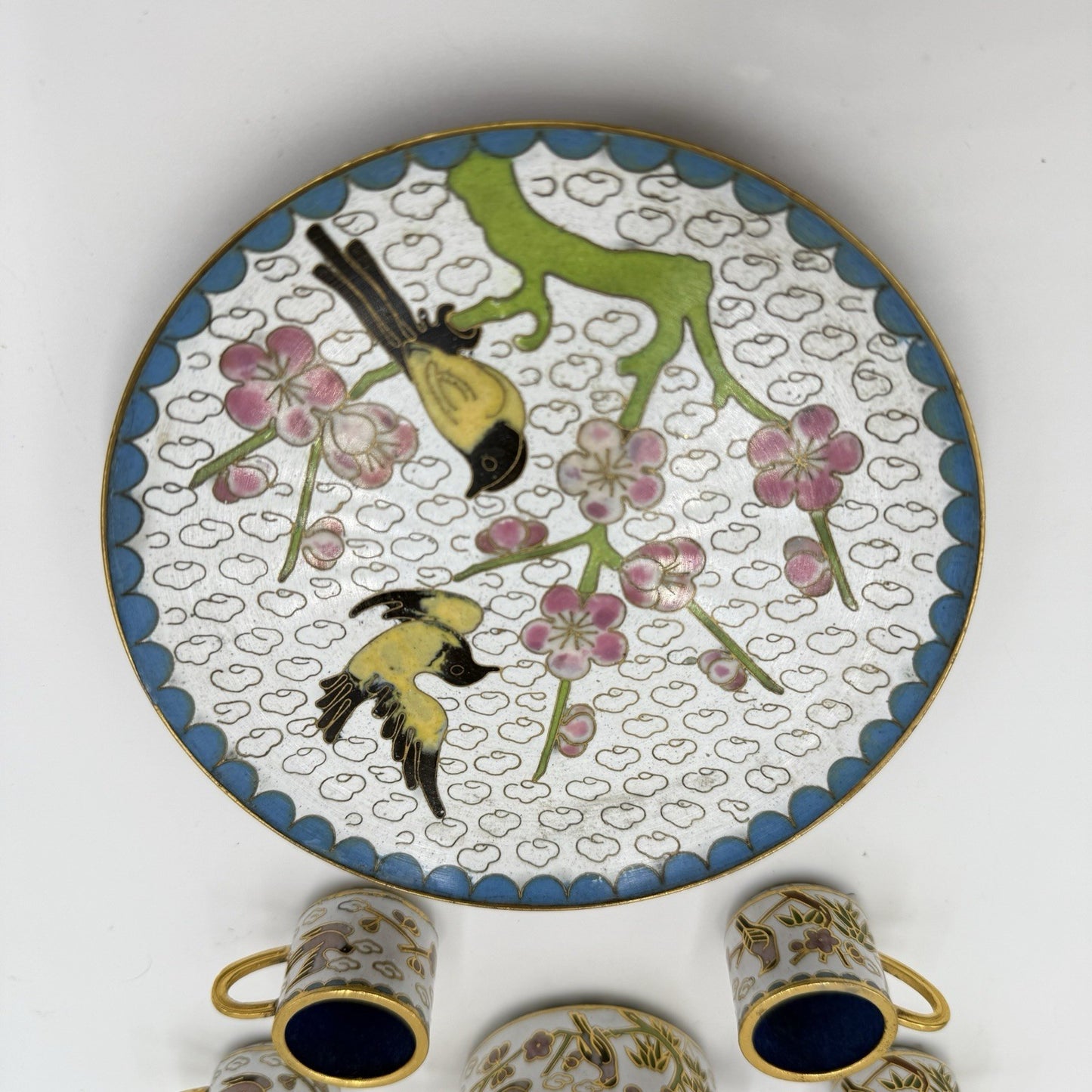 Vtg Cloisonné Enamel Chinese Bird Pattern Miniature Tea Set Dollhouse 6 PCs