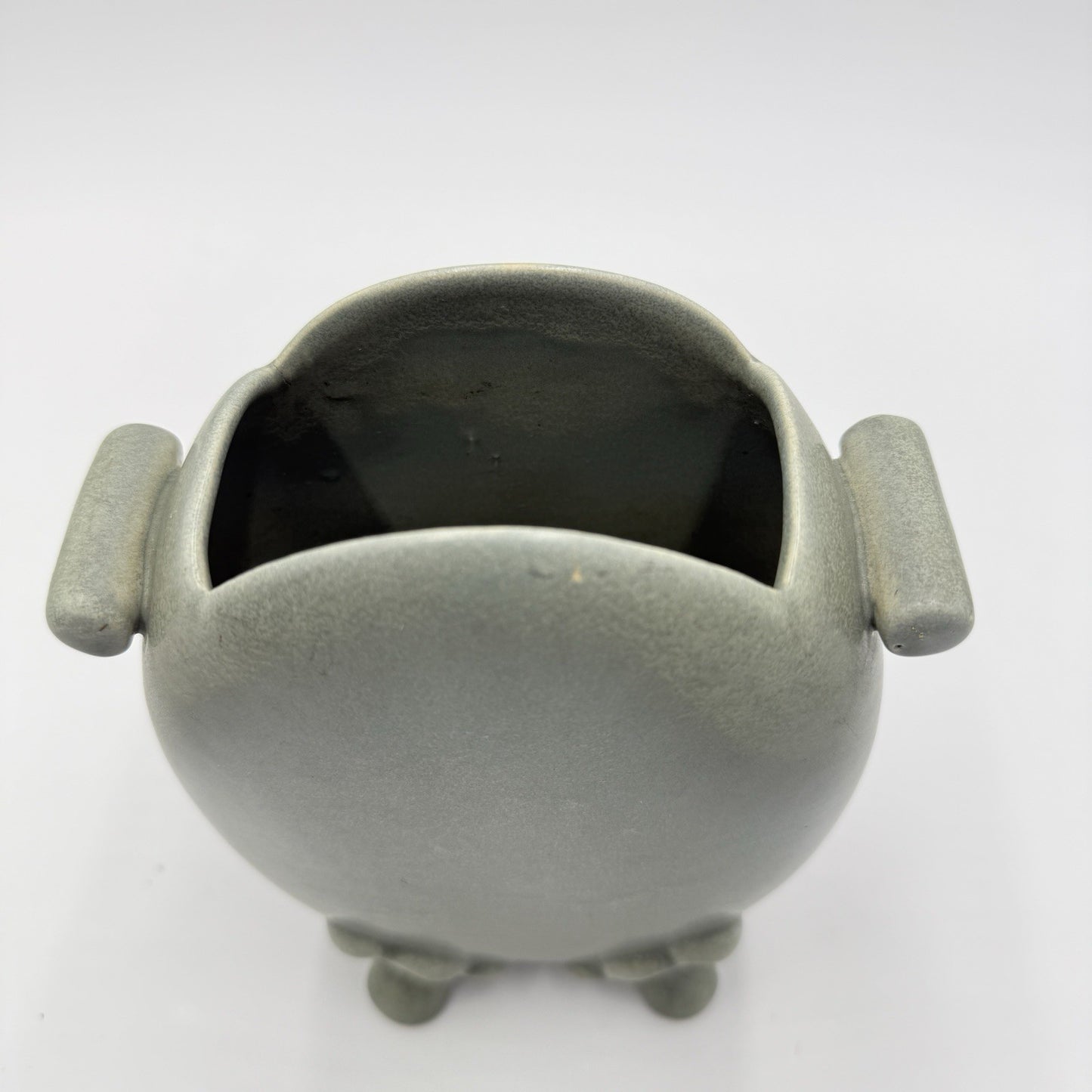 Celadon Art Pottery Green Footed Vase Double Handle Chinese 6.5”h X 2”w X 5.5”