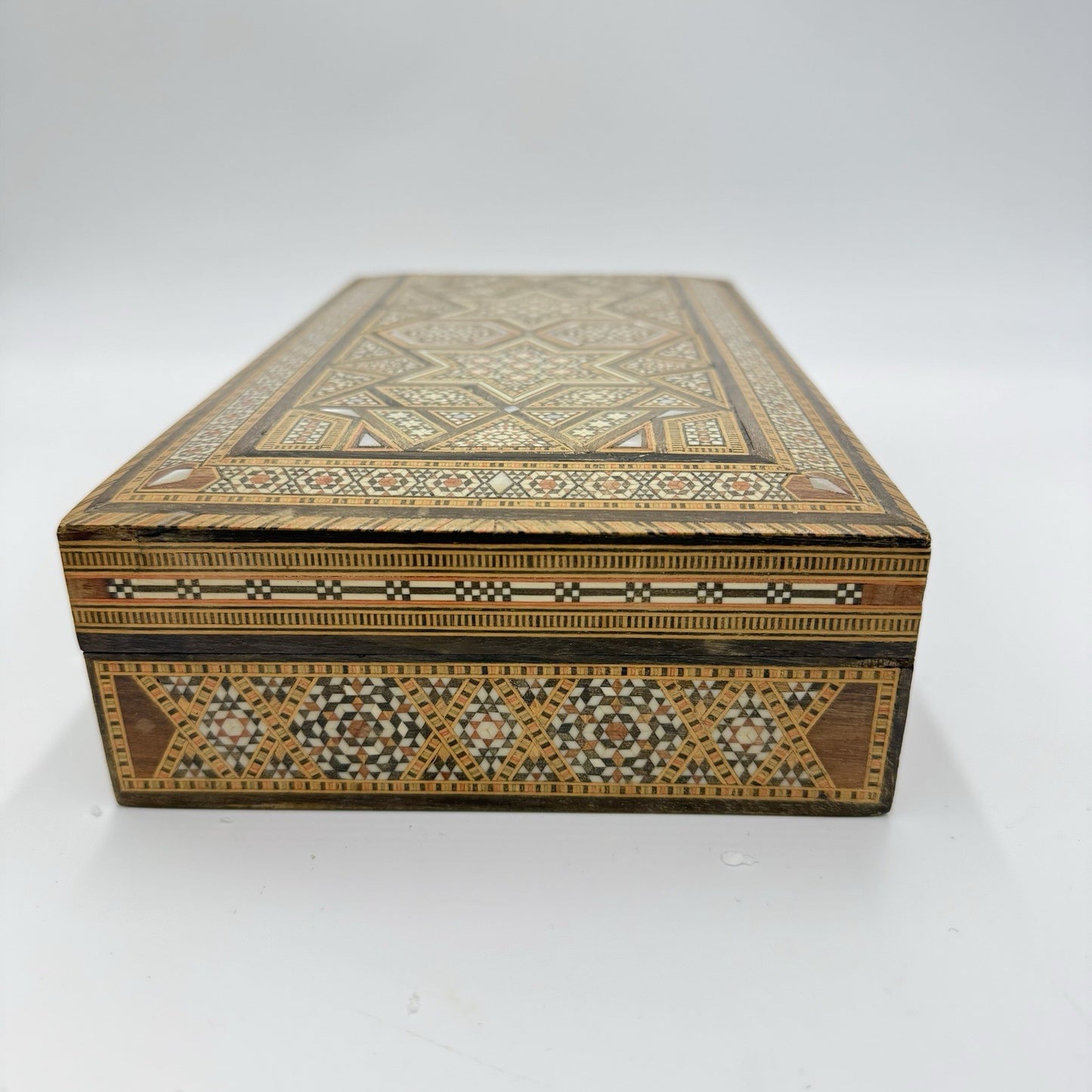 1950 Middle East Marquetry Mosaic Wood Inlaid Pearl Box Backgammon Inside