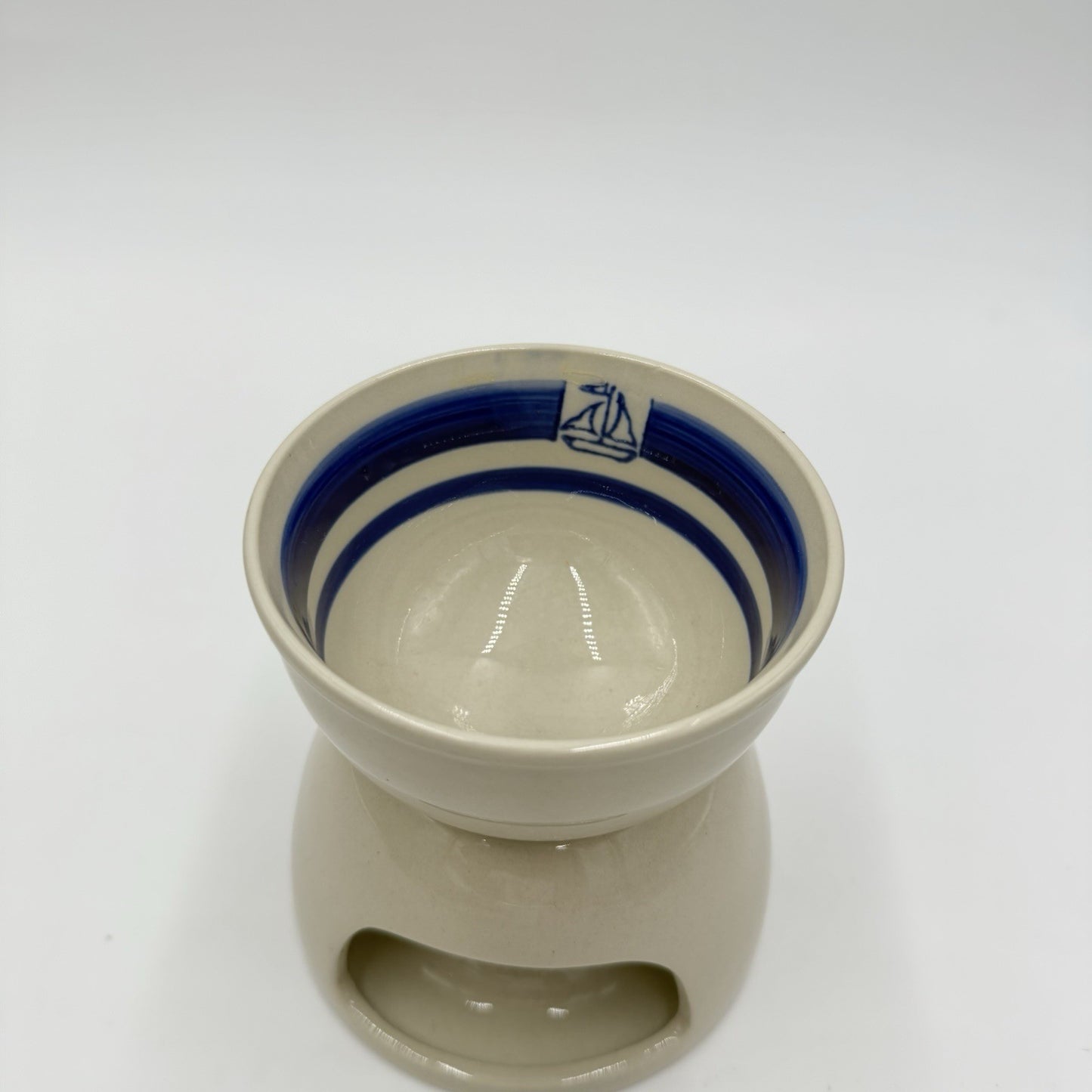 Pottery Barn Stoneware Oil/butter Warmer Sailboat Blue Stripes 4.3”