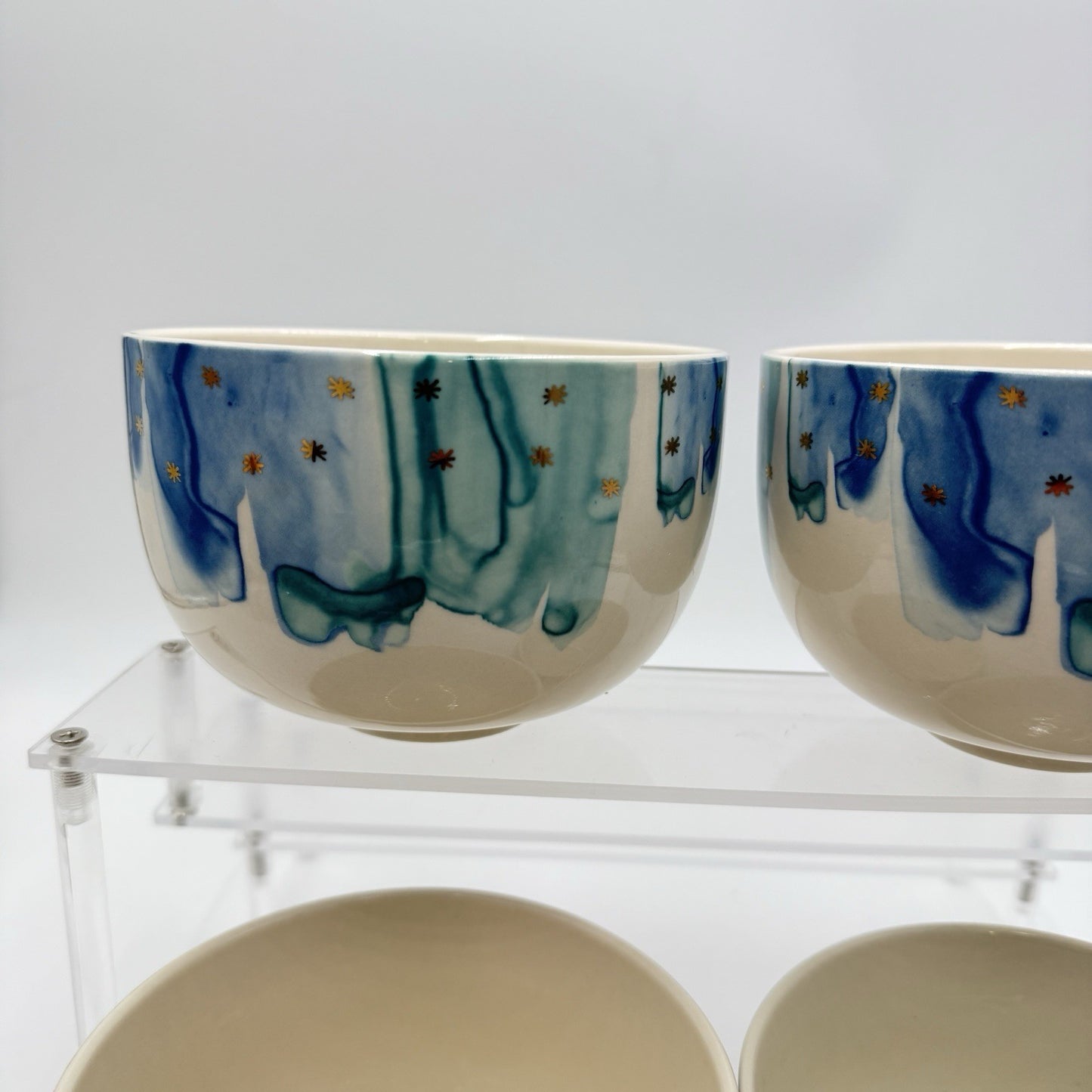 Anthropologie Night Sky Bowl Stoneware Blue Teal Drip Watercolor Gold Star Set 4